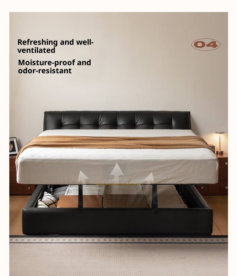 Genuine Leather Black Light Luxury Soft Box Bed