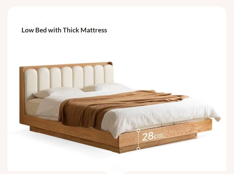 Oak Solid Wood Box Bed — Suspension and Upholstered with Genuine Leather  Piano Key Design