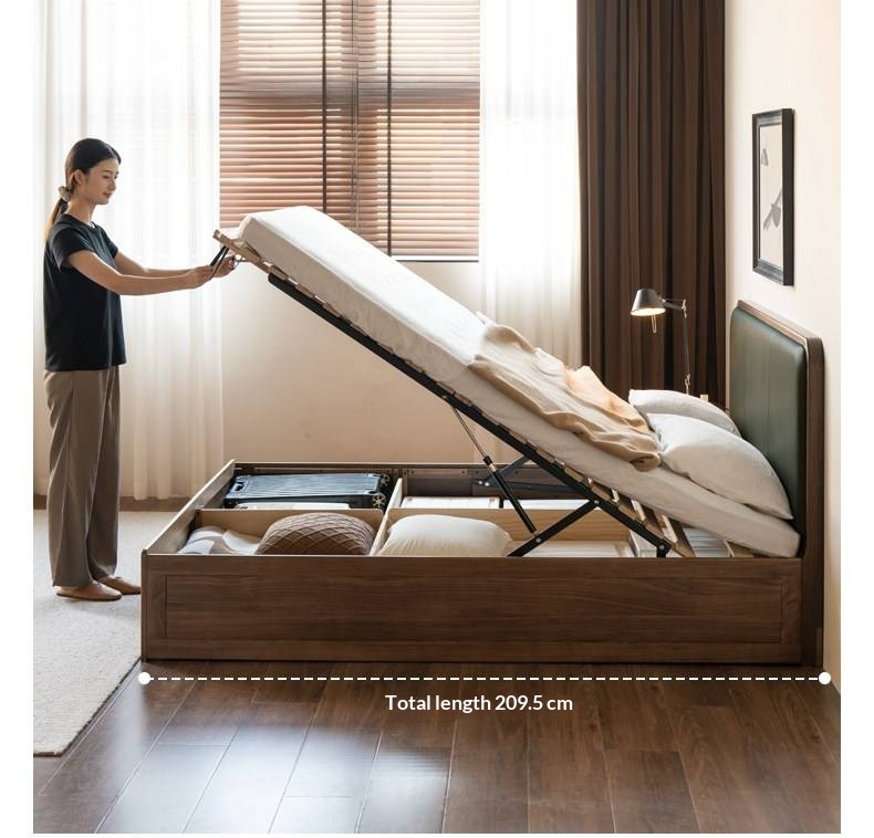 Black Walnut Solid Wood Box Bed — Soft Headboard, Italian Light Luxury Genuine Leather Bed