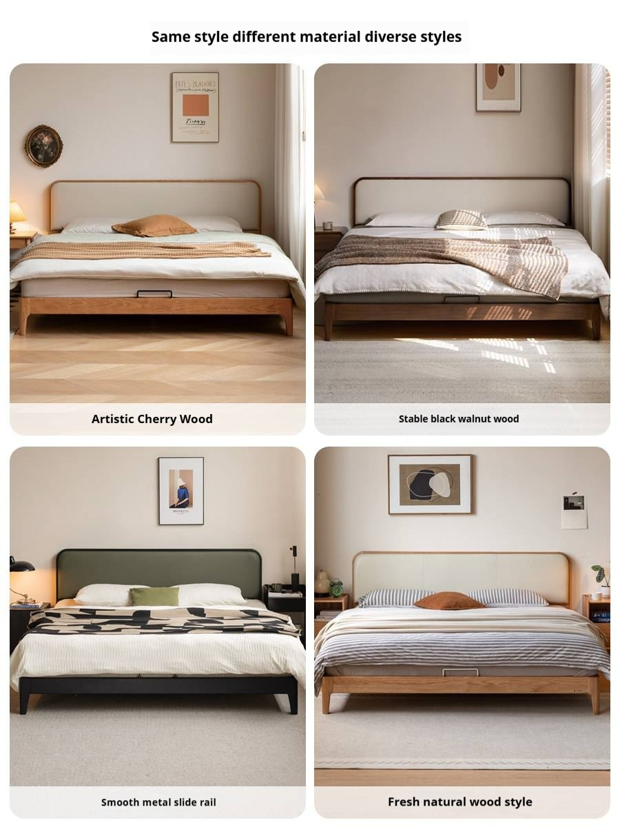 Poplar Solid Wood Bed — Vintage Style with Soft Backrest, Genuine Leather and Edge Finish