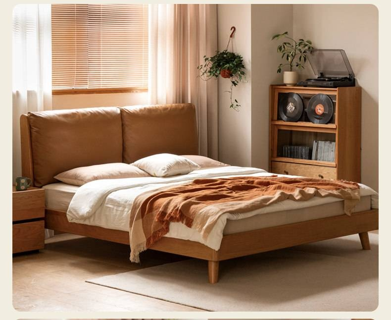 Cherry Solid Wood Bed — Retro Style with Genuine Leather Upholstery