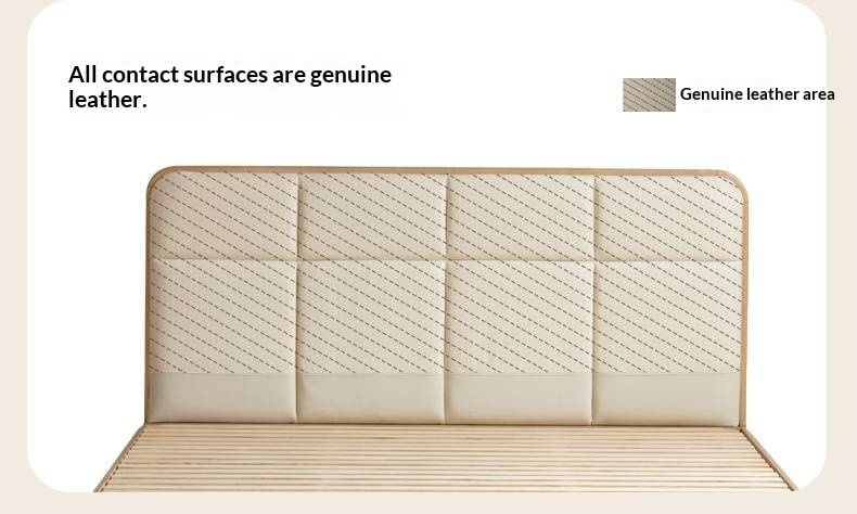 Ash Solid Wood Bed with Top Grain Cowhide Upholstery in Modern Minimalist Style
