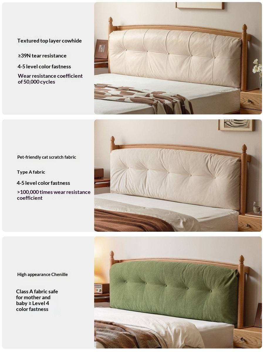 Oak Solid Wood Bed — Modern Minimalist with Genuine Leather and Soft Headboard