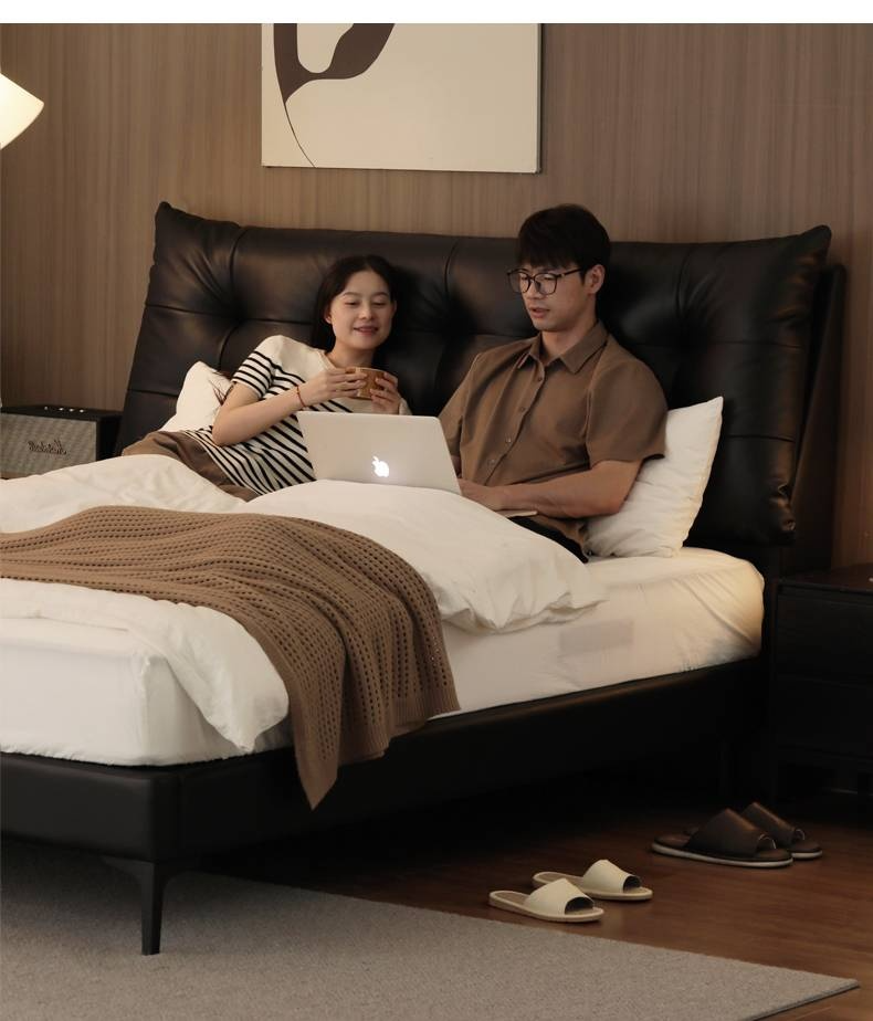 Genuine Leather Upholstered Double Bed in Solid Wood Frame