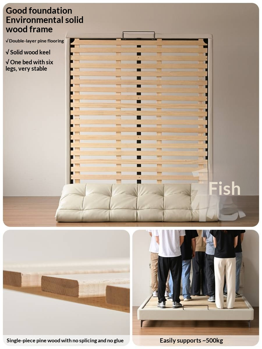 Genuine Leather Italian Light Luxury White Soft Headboard Bed