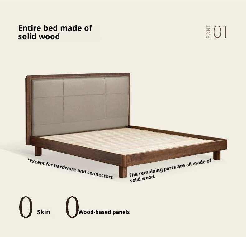 Black Walnut, Oak Solid Wood Italian Light Luxury Genuine Leather Soft Headboard Luminous Bed