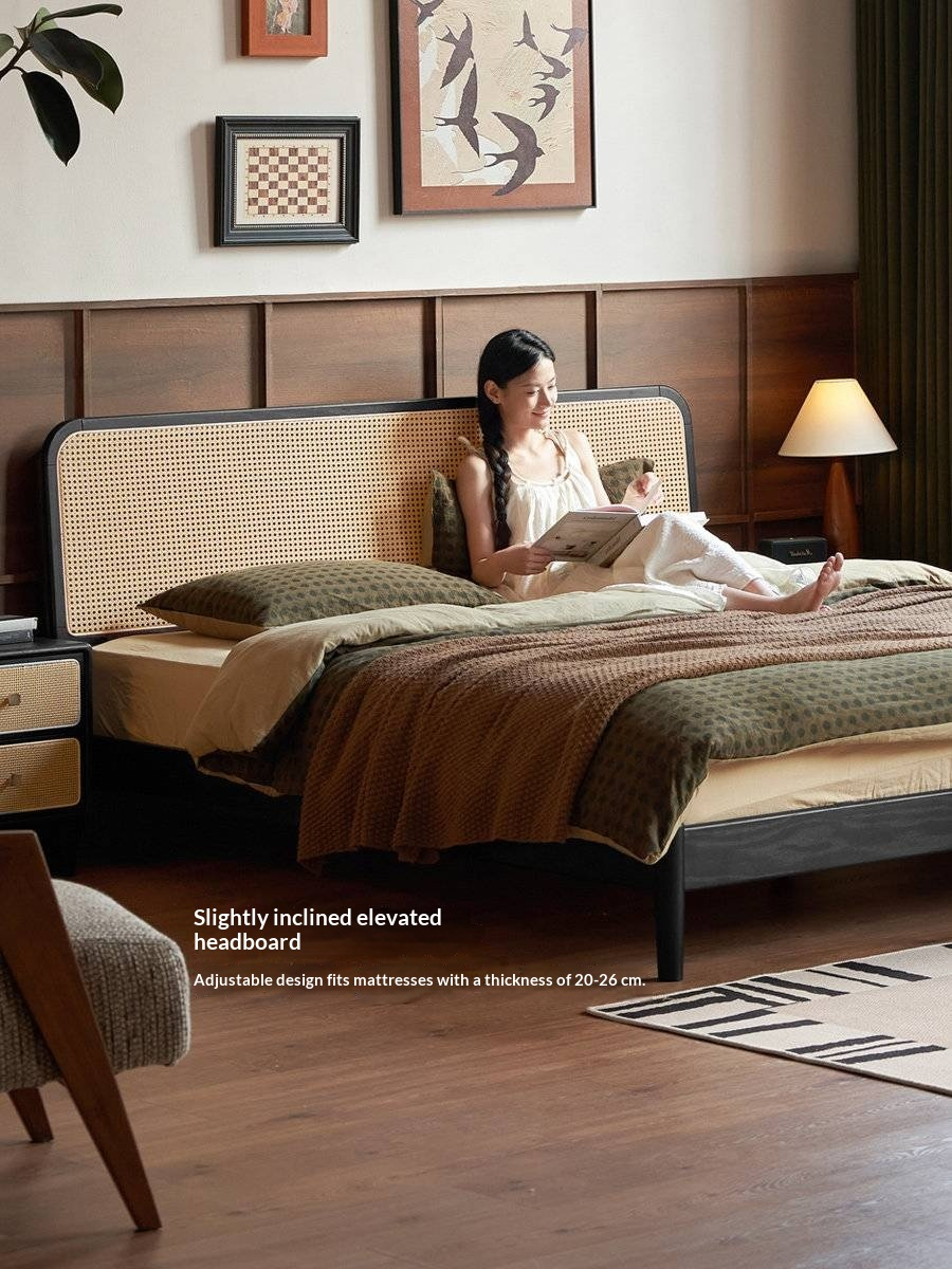 Oak Solid Wood Bed — Black Slab Rattan Vintage Style Bed