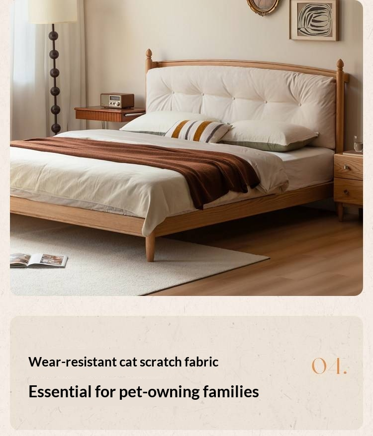 Oak Solid Wood Bed — Modern Minimalist with Genuine Leather and Soft Headboard