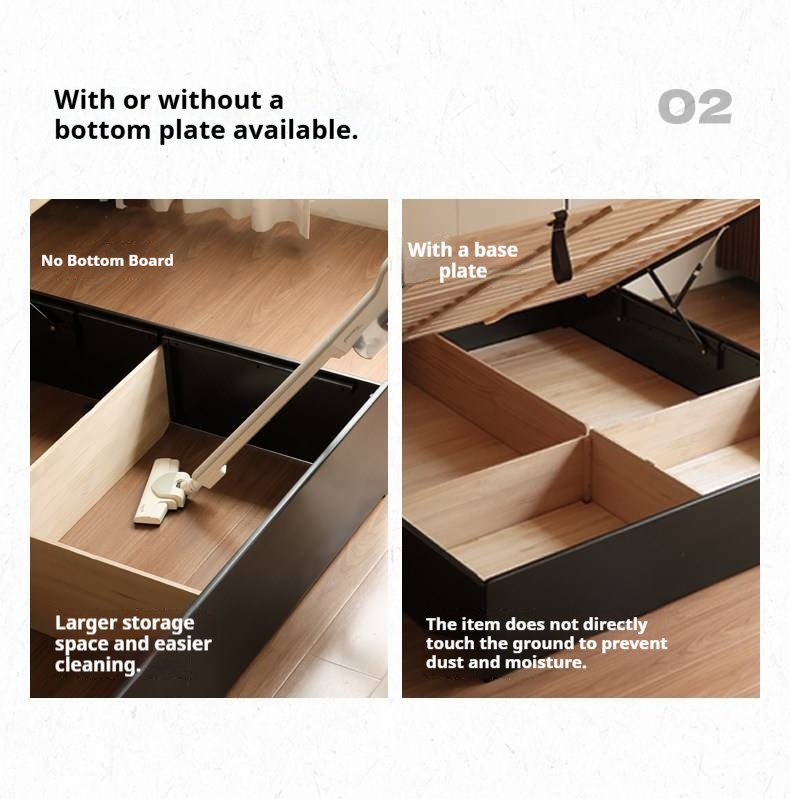 Rubberwood Solid Wood Box Bed — Modern Minimalist Black Upholstered Bed with Storage and Genuine Leather