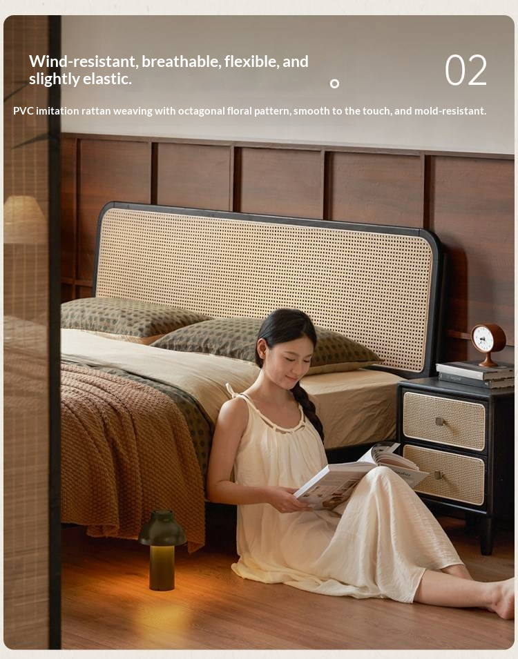 Oak Solid Wood Bed — Black Slab Rattan Vintage Style Bed