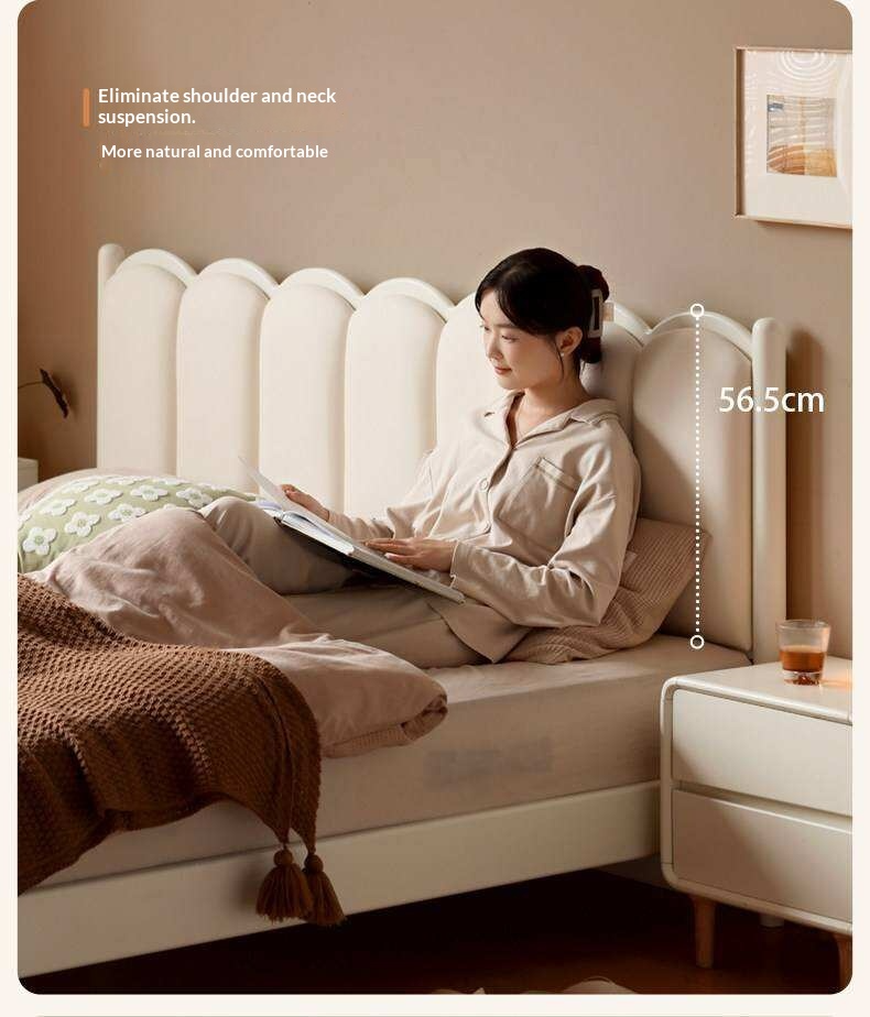 Rubberwood Solid Wood Upholstered Bed with Scalloped Headboard, French Cream Style