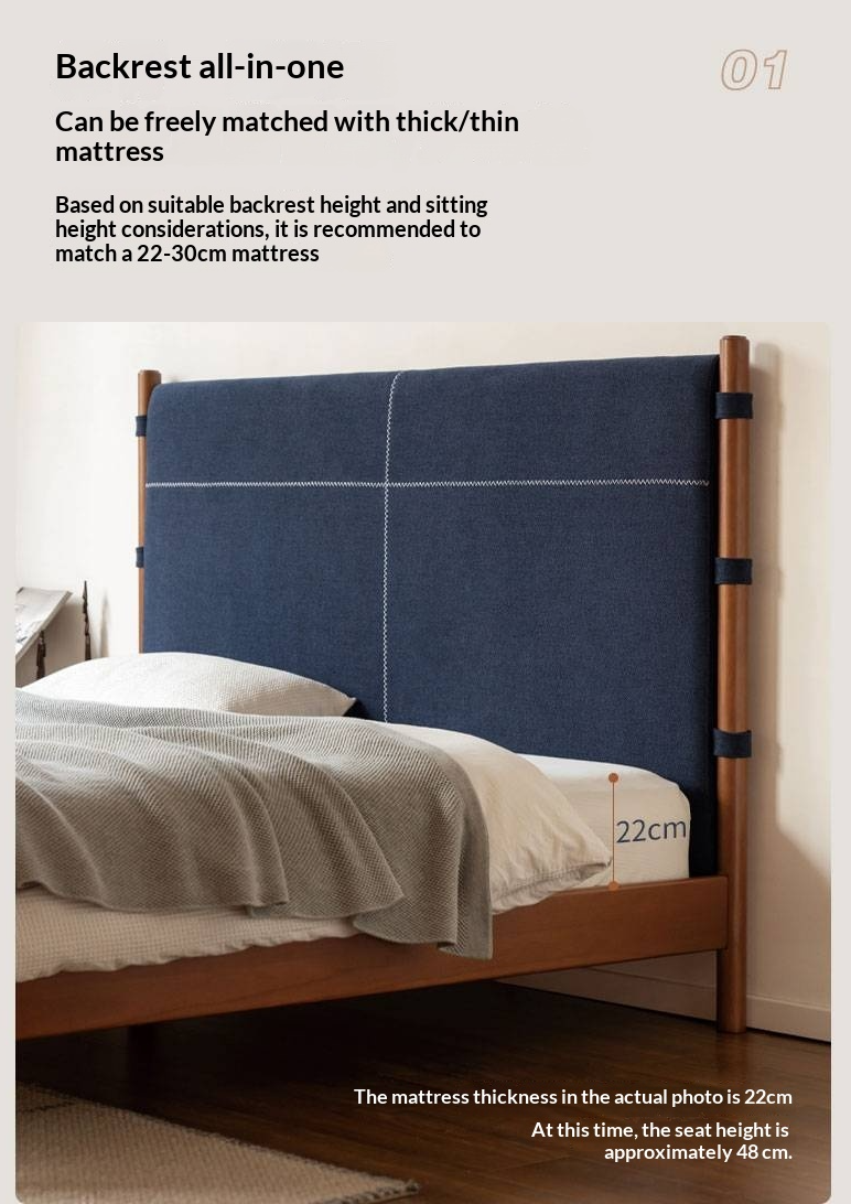 Poplar Solid Wood Bed with Vintage High Backrest and Soft Upholstery