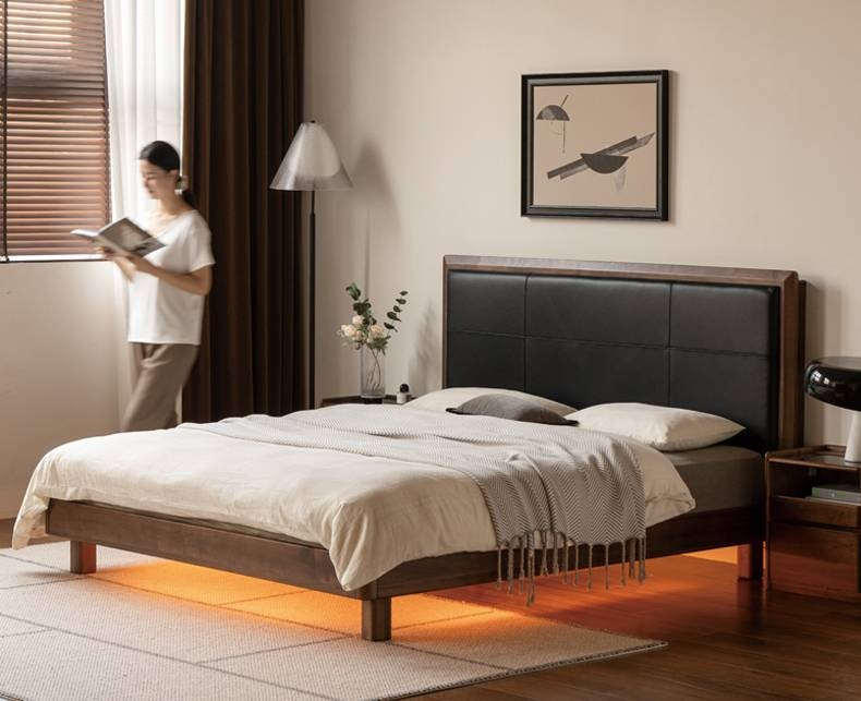 Black Walnut, Oak Solid Wood Italian Light Luxury Genuine Leather Soft Headboard Luminous Bed