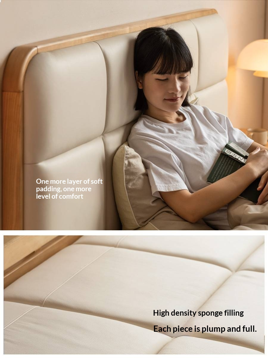 Ash Solid Wood Bed with Top Grain Cowhide Upholstery in Modern Minimalist Style