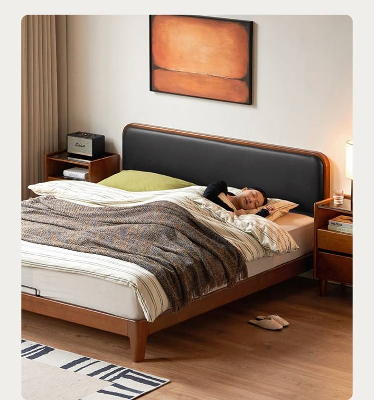 Poplar Solid Wood Bed — Vintage Style with Soft Backrest, Genuine Leather and Edge Finish