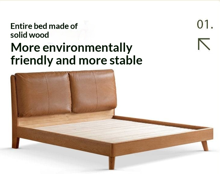 Cherry Solid Wood Bed — Retro Style with Genuine Leather Upholstery