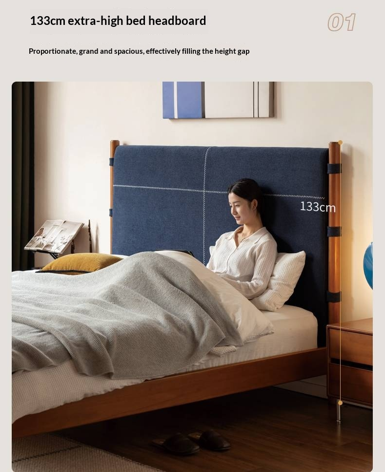 Poplar Solid Wood Bed with Vintage High Backrest and Soft Upholstery