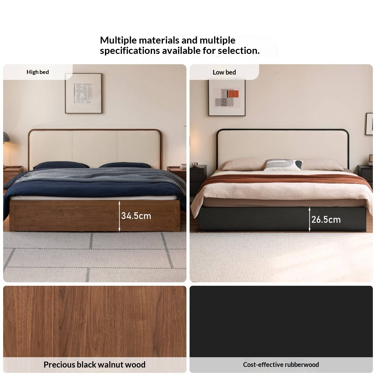 Rubberwood Solid Wood Box Bed — Modern Minimalist Black Upholstered Bed with Storage and Genuine Leather