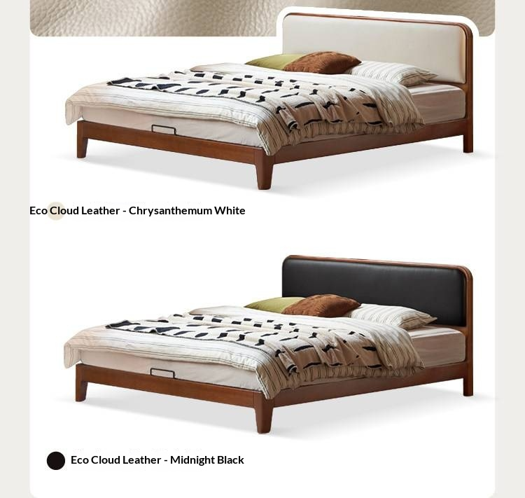 Poplar Solid Wood Bed — Vintage Style with Soft Backrest, Genuine Leather and Edge Finish