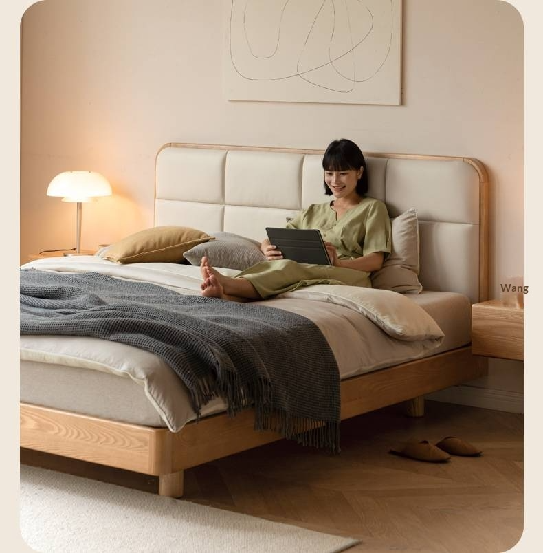 Ash Solid Wood Bed with Top Grain Cowhide Upholstery in Modern Minimalist Style