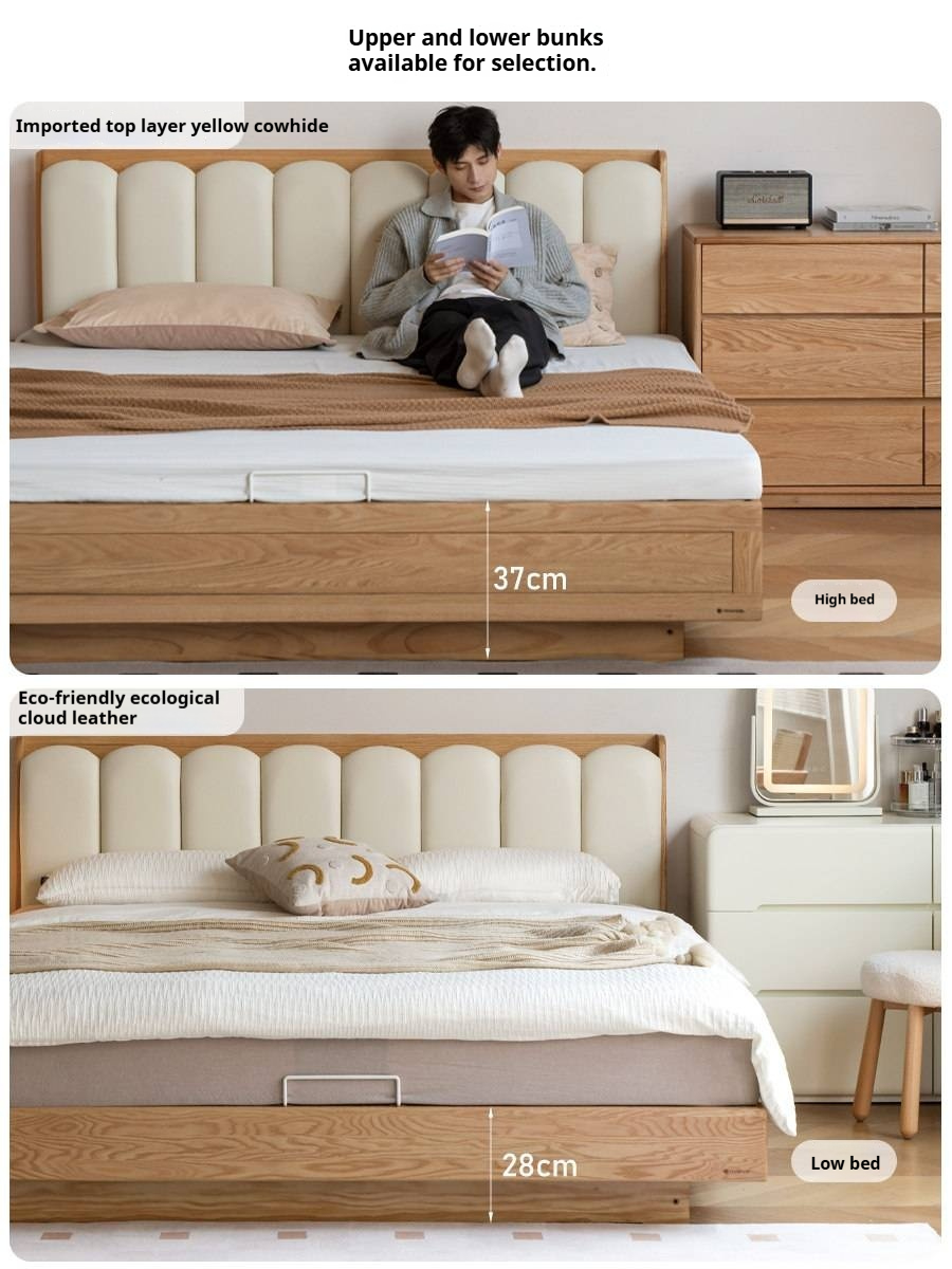 Oak Solid Wood Box Bed — Suspension and Upholstered with Genuine Leather  Piano Key Design