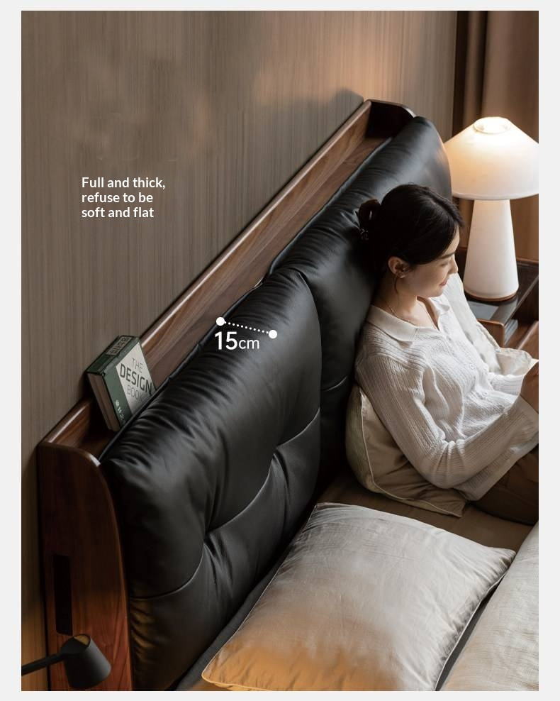 Black Walnut, Sandalwood Solid Wood Bed — Genuine Leather Upholstered, Simple Luxury Design