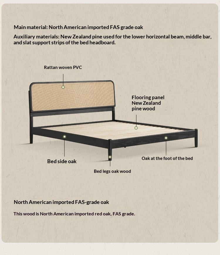 Oak Solid Wood Bed — Black Slab Rattan Vintage Style Bed