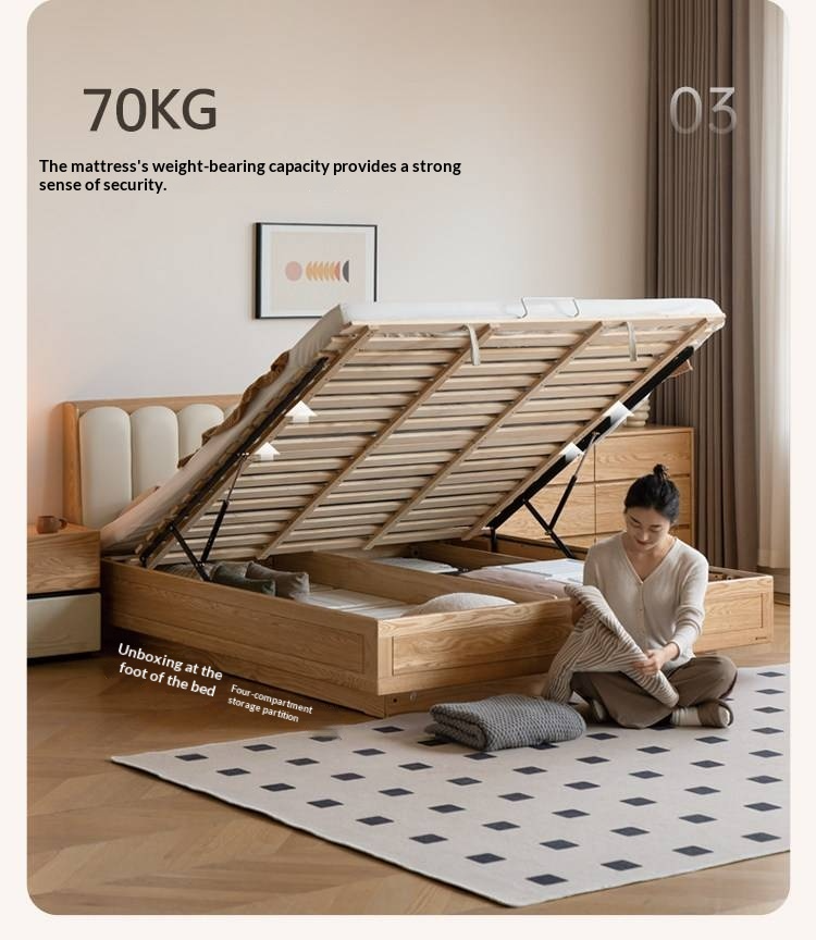 Oak Solid Wood Box Bed — Suspension and Upholstered with Genuine Leather  Piano Key Design