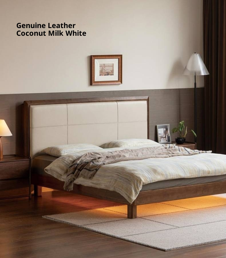 Black Walnut, Oak Solid Wood Italian Light Luxury Genuine Leather Soft Headboard Luminous Bed
