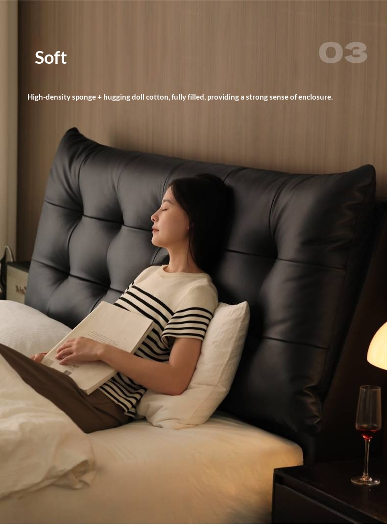 Genuine Leather Upholstered Double Bed in Solid Wood Frame