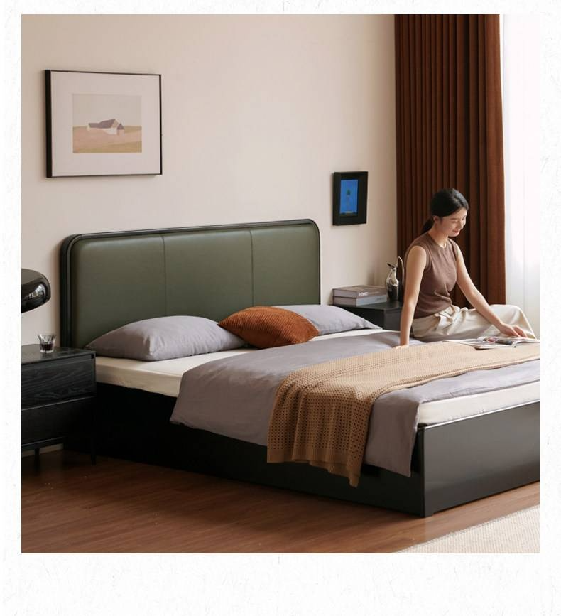 Rubberwood Solid Wood Box Bed — Modern Minimalist Black Upholstered Bed with Storage and Genuine Leather