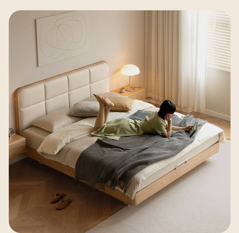 Ash Solid Wood Bed with Top Grain Cowhide Upholstery in Modern Minimalist Style