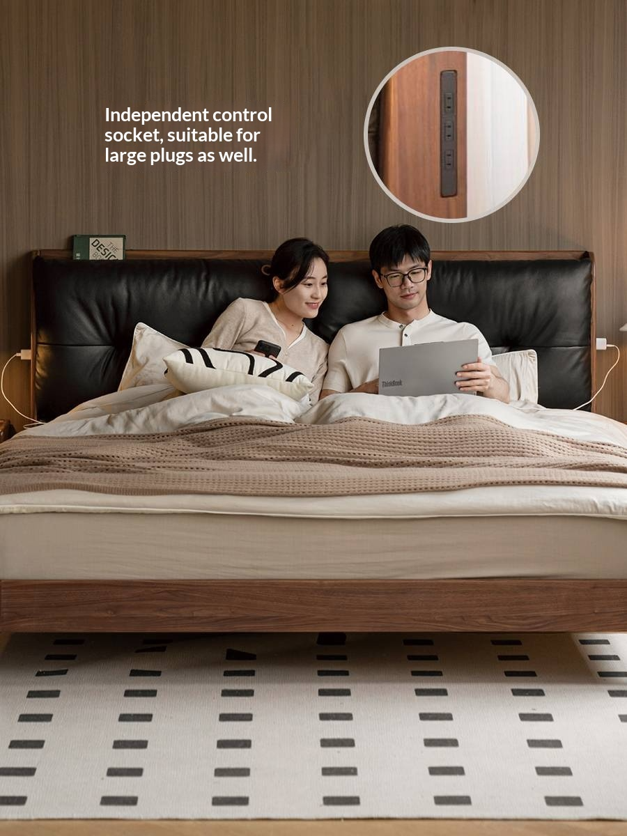 Black Walnut, Sandalwood Solid Wood Bed — Genuine Leather Upholstered, Simple Luxury Design