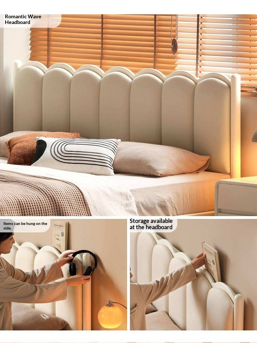 Rubberwood Solid Wood Upholstered Bed with Scalloped Headboard, French Cream Style