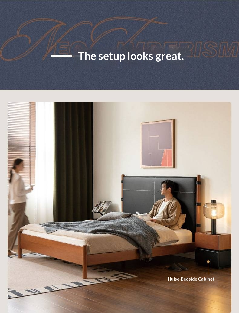 Poplar Solid Wood Bed with Vintage High Backrest and Soft Upholstery