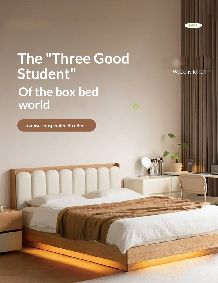 Oak Solid Wood Box Bed — Suspension and Upholstered with Genuine Leather  Piano Key Design