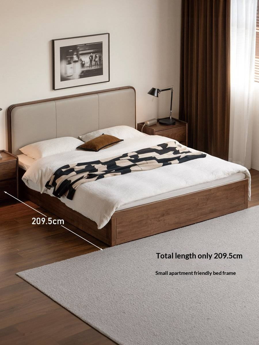 Black Walnut Solid Wood Box Bed — Soft Headboard, Italian Light Luxury Genuine Leather Bed