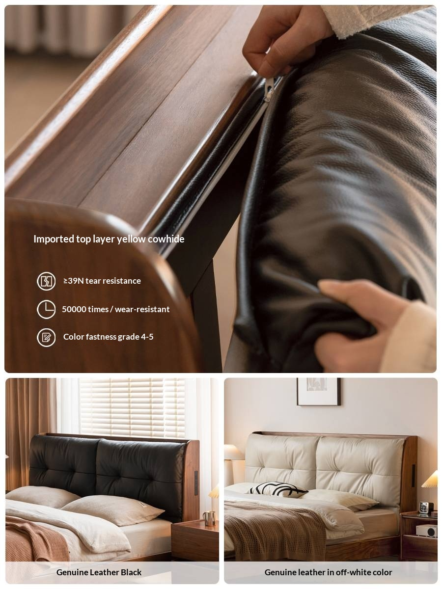 Black Walnut, Sandalwood Solid Wood Bed — Genuine Leather Upholstered, Simple Luxury Design
