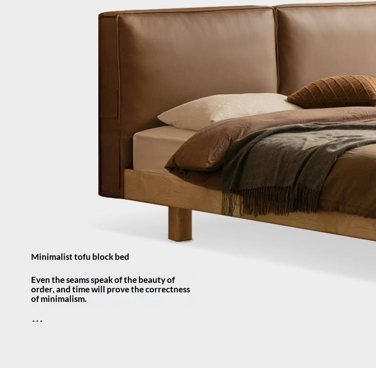 Ash Solid Wood Floating Bed — Modern Minimalist, Genuine Leather Upholstery