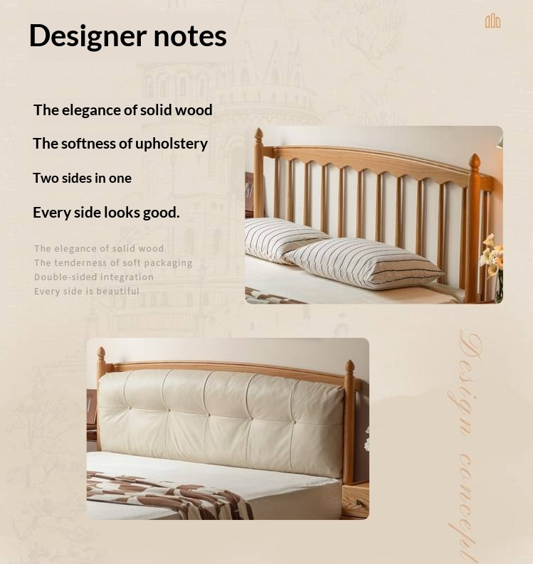 Oak Solid Wood Bed — Modern Minimalist with Genuine Leather and Soft Headboard
