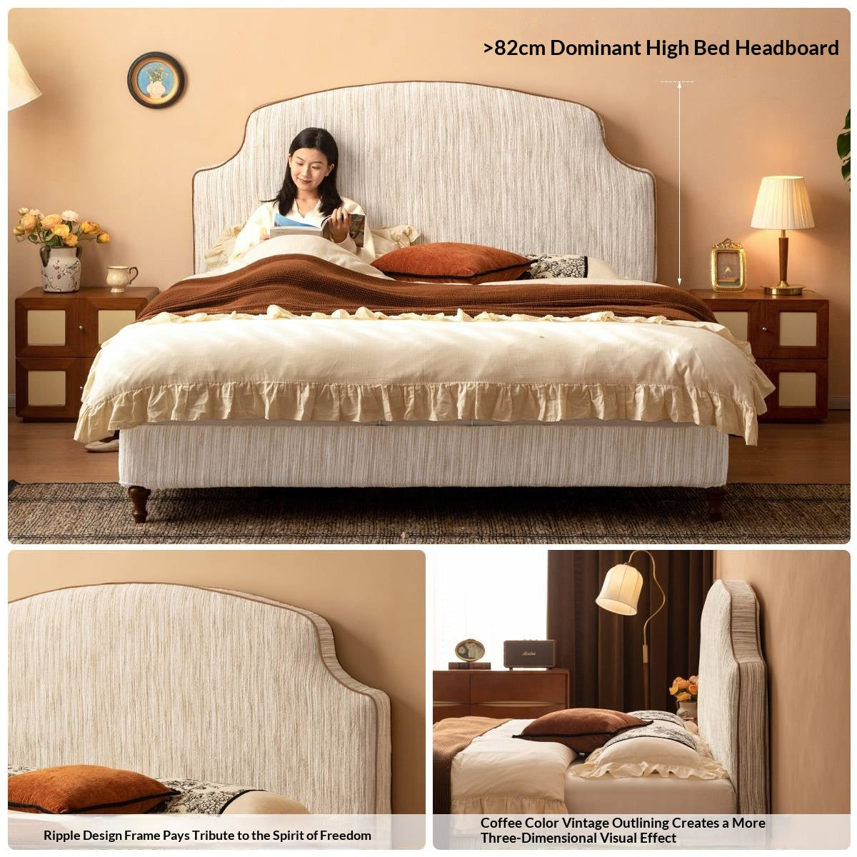 Fabric Soft Headboard Bed French Retro Style