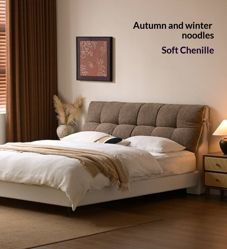 Genuine Leather Italian Light Luxury White Soft Headboard Bed