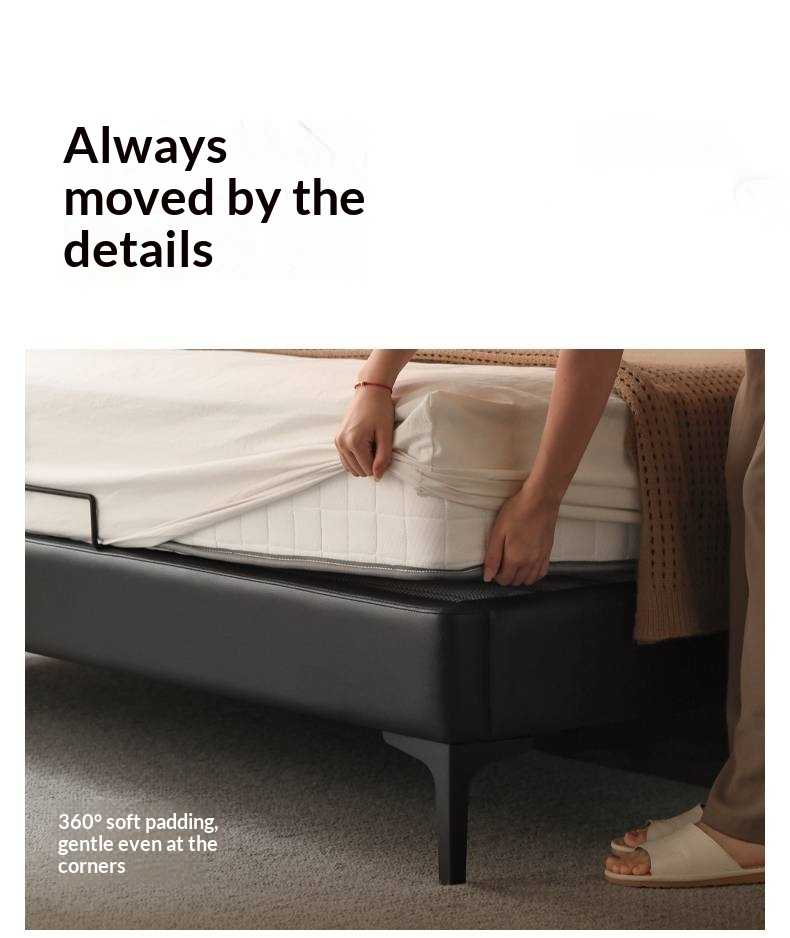 Genuine Leather Upholstered Double Bed in Solid Wood Frame