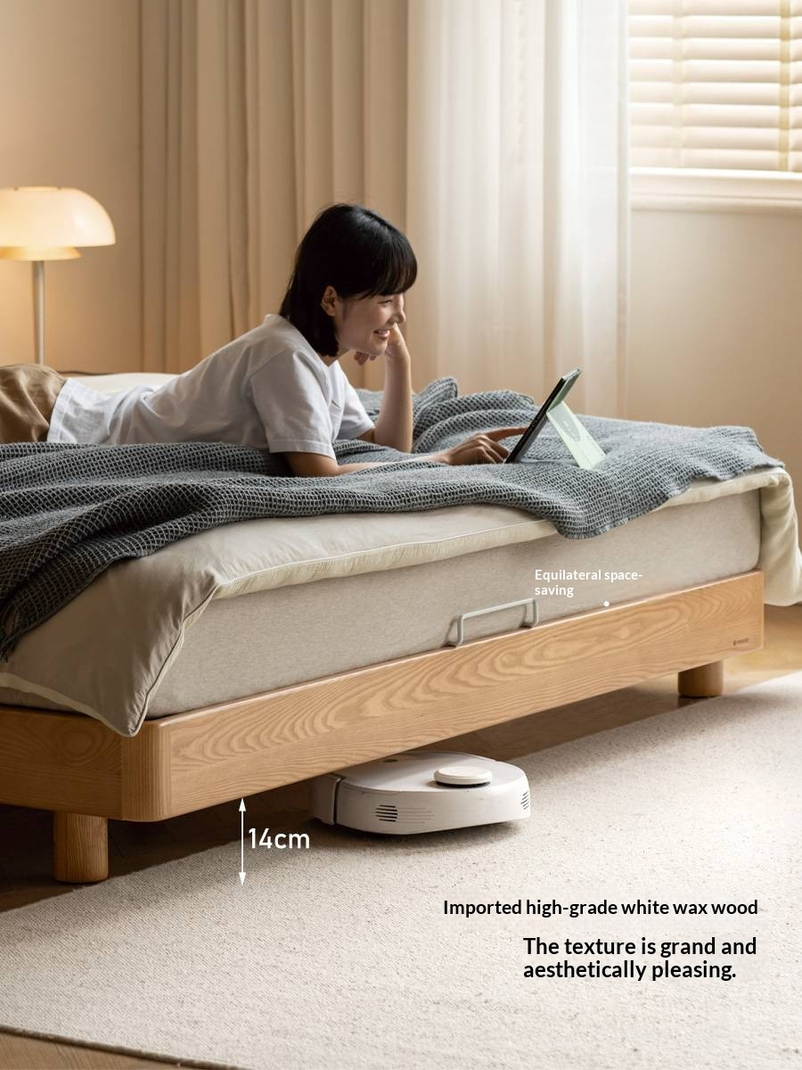 Ash Solid Wood Bed with Top Grain Cowhide Upholstery in Modern Minimalist Style