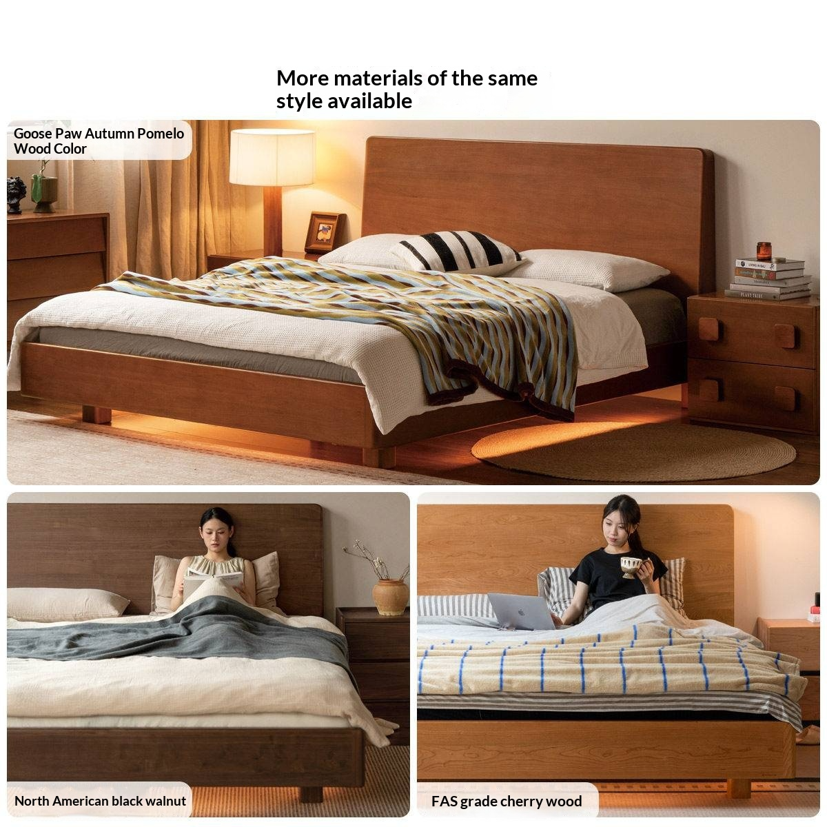 Ash Solid Wood Bed — Modern Minimalist Large Slab Design with Luminous Features