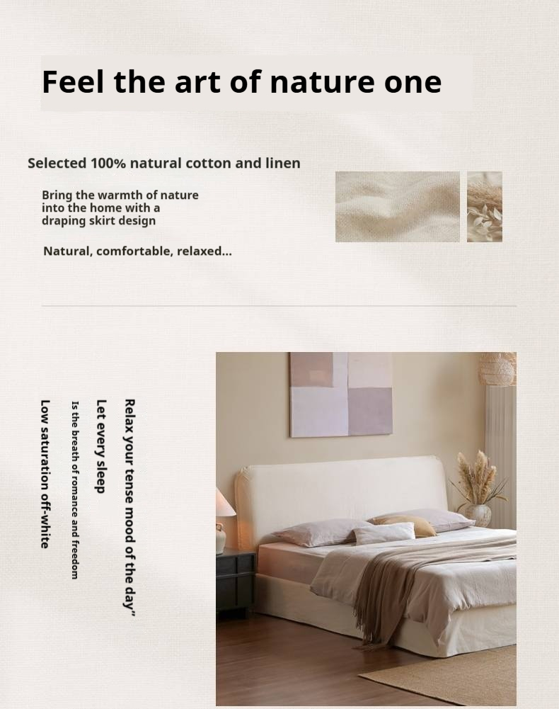 Fabric White Cotton Linen Edge Bed Wabi-sabi Style