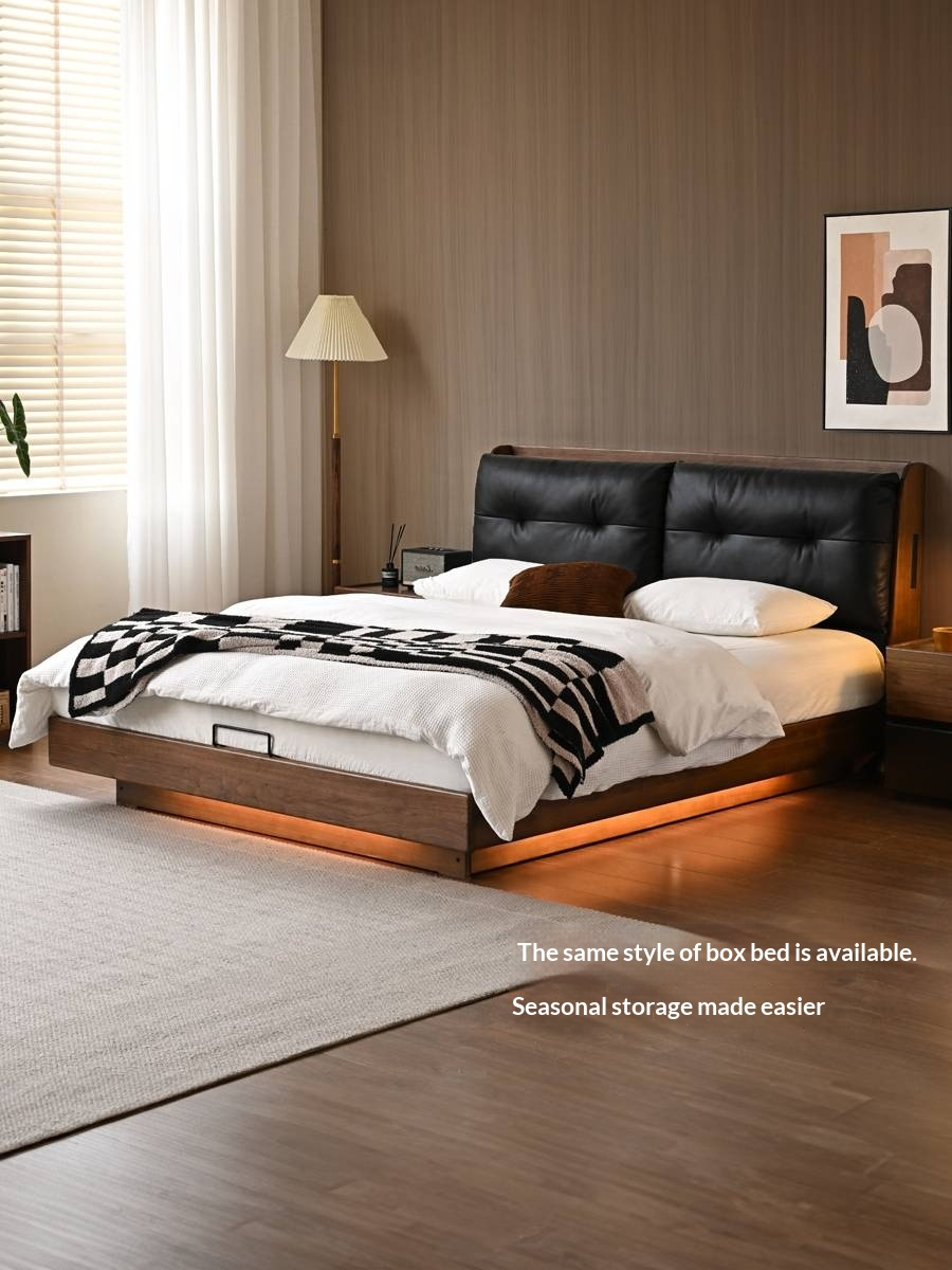 Black Walnut, Sandalwood Solid Wood Bed — Genuine Leather Upholstered, Simple Luxury Design