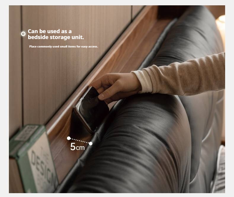 Black Walnut, Sandalwood Solid Wood Bed — Genuine Leather Upholstered, Simple Luxury Design