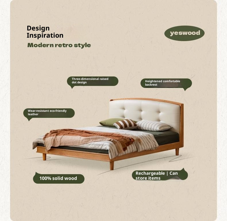 Cherry, Pine, Beech Solid Wood Bed Retro Vintage