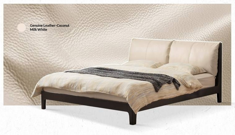Rubberwood Solid Wood Bed — Modern Minimalist Design with Upholstered Genuine Leather